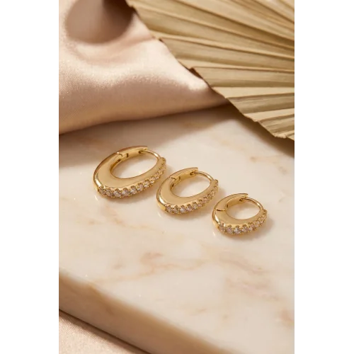 Mey İthalat® Gold Renk Oval Halka Model Zirkon Taşlı 3 lü Küpe Set