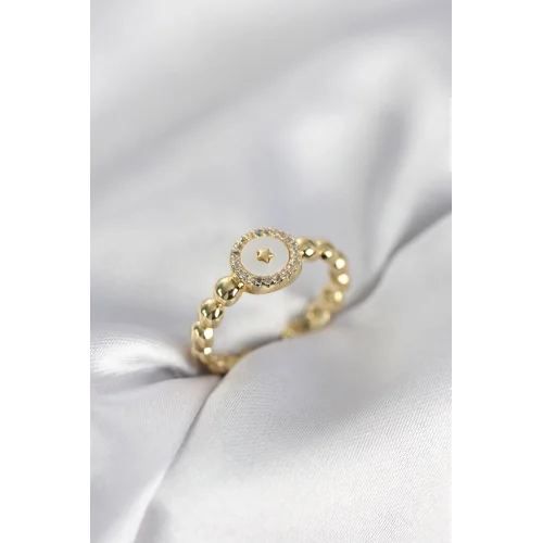 Mey İthalat® Gold Renk Sedefli Yıldız Model Zirkon Taşlı Kadın Yüzük