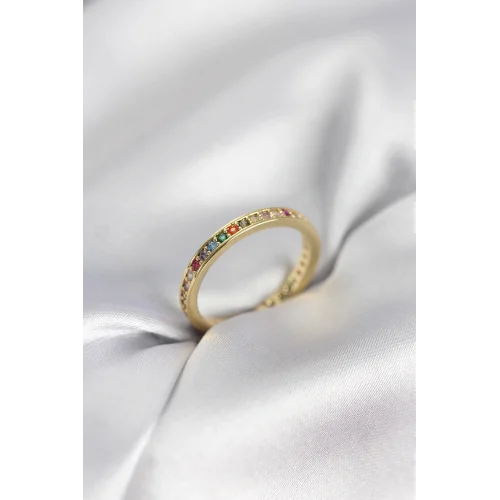 Mey İthalat® Gold Renk Sıralı Renkli Zirkon Taşlı Kadın Yüzük