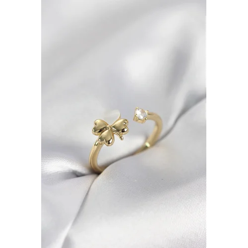 Mey İthalat® Gold Renk Yonca Model Sedefli Kadın Yüzük