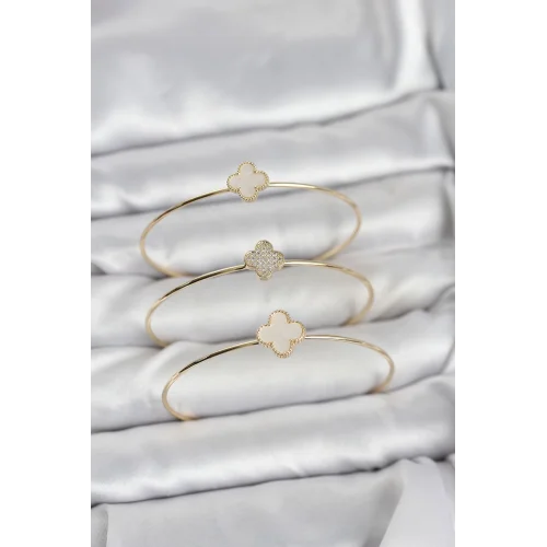 Mey İthalat® Gold Renk Yonca Model Zirkon Taşlı 3lü Kadın Bileklik Kombini