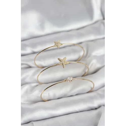 Mey İthalat® Gold Renk Zirkon Taşlı Deniz Yıldızı Model 3lü Kadın Bileklik Kombini