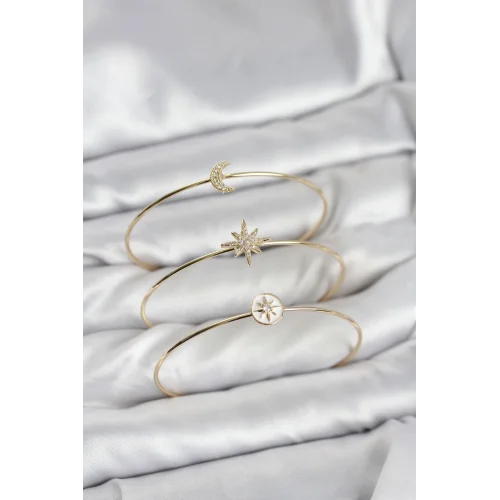 Mey İthalat® Gold Renk Zirkon Taşlı Kutup Yıldızı Model 3lü Kadın Bileklik Kombini