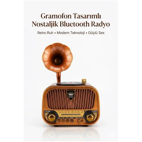 Mey İthalat® Gramofon Tasarımlı Nostaljik Bluetooth Radyo Hoparlör Müzik Çalar