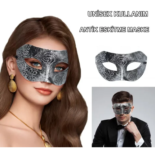 Mey İthalat® Gümüş Eskitme Yüz Maskesi - Antik Tarz Balo Maskesi