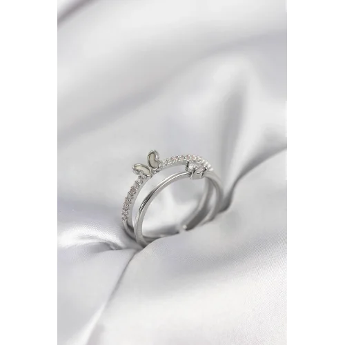 Mey İthalat® Gümüş Renk 2li Zirkon Taşlı Kelebek Model Kadın Yüzük