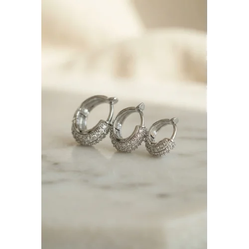 Mey İthalat® Gümüş Renk 3 lü Zirkon Taşlı Halka Küpe Set
