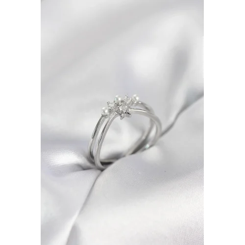 Mey İthalat® Gümüş Renk İncili Yıldız Model Zirkon Taşlı Kadın Yüzük