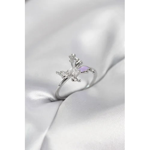 Mey İthalat® Gümüş Renk Kelebek Model Zirkon Taşlı Kadın Yüzük