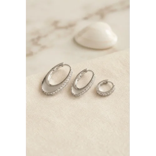 Mey İthalat® Gümüş Renk Oval Halka Model Zirkon Taşlı 3 lü Küpe Set
