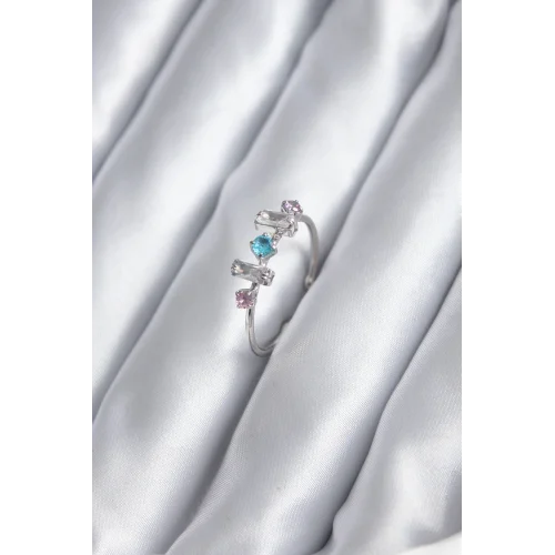 Mey İthalat® Gümüş Renk Renkli Zirkon Taşlı Kadın Yüzük