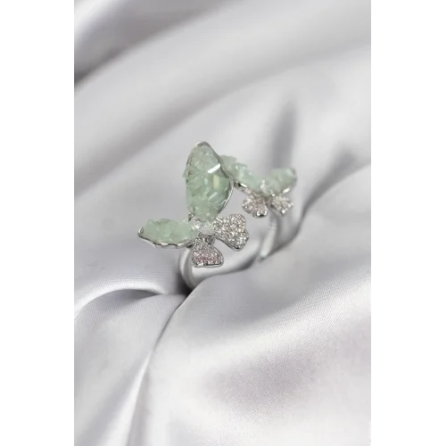 Mey İthalat® Gümüş Renk Su Yeşili Kelebek Model Zirkon Taşlı Kadın Yüzük