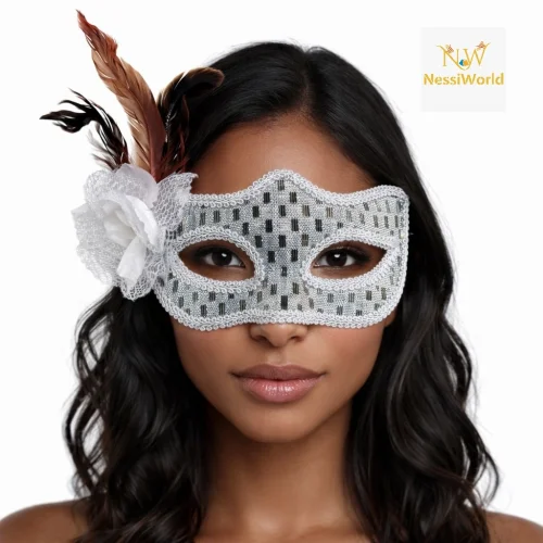 Mey İthalat® Gümüş Renk Tüylü Balo Maskesi Kadın Parti Aksesuarı