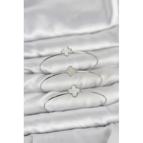 Mey İthalat® Gümüş Renk Yonca Model Zirkon Taşlı 3lü Kadın Bileklik Kombini