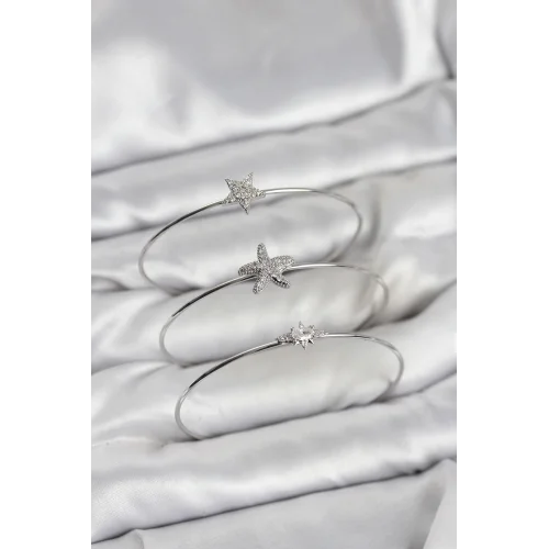 Mey İthalat® Gümüş Renk Zirkon Taşlı Deniz Yıldızı Model 3lü Kadın Bileklik Kombini