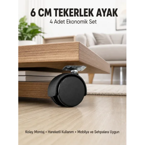 Mey İthalat® Halı ve Beton Uyumlu Kilitsiz Mobilya Tekerleği 4’lü