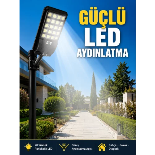 Mey İthalat® Hareket Sensörlü Solar LED Aydınlatma 3 Modlu Uzaktan Kumandalı Bahçe Lambası