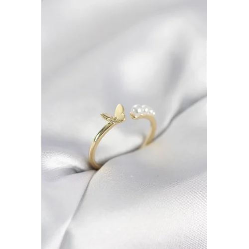 Mey İthalat® İncili Kelebek Model Gold Renk Pirinç Kadın Yüzük