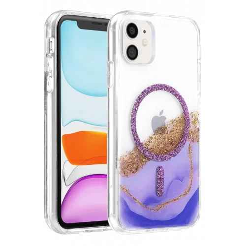 Mey İthalat®   iPhone 11 Lotus Simli Magsafe Kapak - Mor