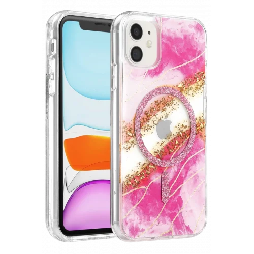 Mey İthalat®   iPhone 11 Lotus Simli Magsafe Kapak - Pembe