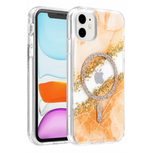 Mey İthalat®   iPhone 11 Lotus Simli Magsafe Kapak - Turuncu