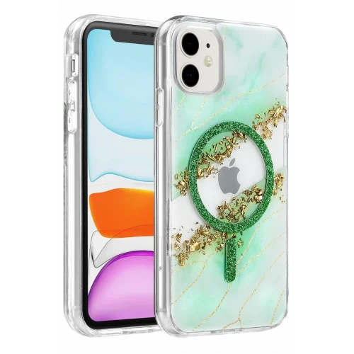 Mey İthalat®   iPhone 11 Lotus Simli Magsafe Kapak - Yeşil
