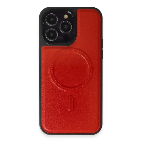 Mey İthalat®  iPhone 13 Pro Max Kılıf Ozzi Magsafe Deri Kapak - Kırmızı