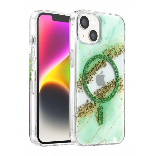 Mey İthalat®   iPhone 14 Lotus Simli Magsafe Kapak - Yeşil