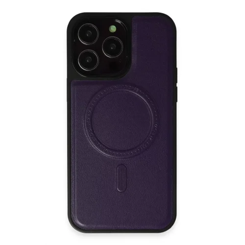 Mey İthalat®  iPhone 14 Pro Max Kılıf Ozzi Magsafe Deri Kapak - Derin Mor