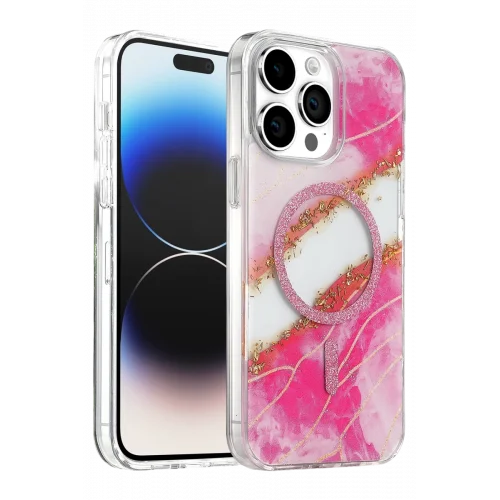 Mey İthalat®   iPhone 14 Pro Max Lotus Simli Magsafe Kapak - Pembe