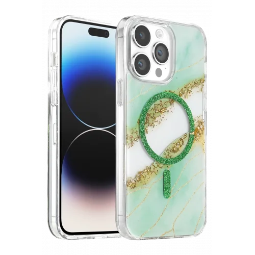 Mey İthalat®   iPhone 14 Pro Max Lotus Simli Magsafe Kapak - Yeşil