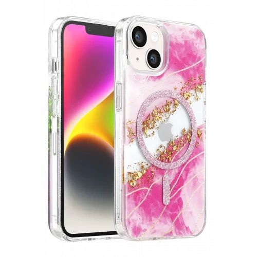 Mey İthalat®   iPhone 15 Lotus Simli Magsafe Kapak - Pembe