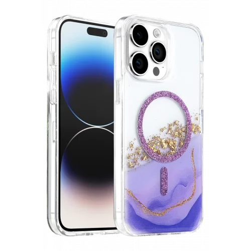 Mey İthalat®   iPhone 15 Pro Max Lotus Simli Magsafe Kapak - Mor