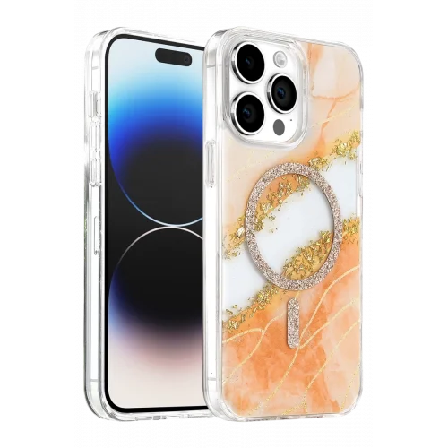 Mey İthalat®   iPhone 15 Pro Max Lotus Simli Magsafe Kapak - Turuncu