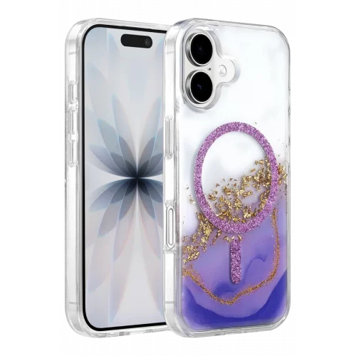 Mey İthalat®   iPhone 16 Lotus Simli Magsafe Kapak - Mor