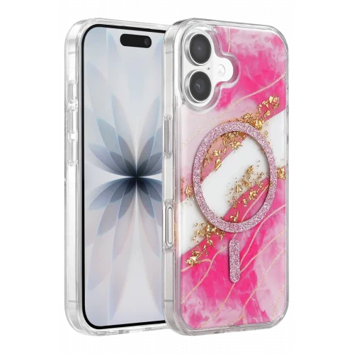 Mey İthalat®   iPhone 16 Lotus Simli Magsafe Kapak - Pembe