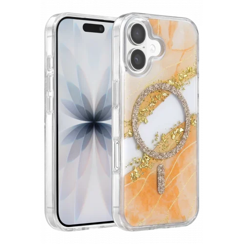 Mey İthalat®   iPhone 16 Lotus Simli Magsafe Kapak - Turuncu