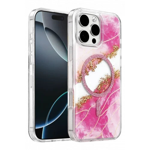 Mey İthalat®   iPhone 16 Pro Max Lotus Simli Magsafe Kapak - Pembe