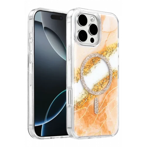 Mey İthalat®   iPhone 16 Pro Max Lotus Simli Magsafe Kapak - Turuncu