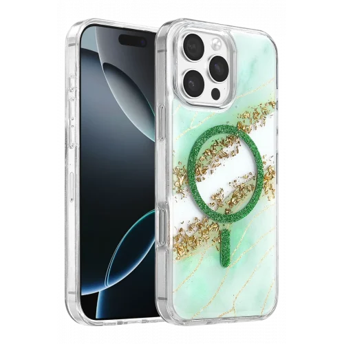 Mey İthalat®   iPhone 16 Pro Max Lotus Simli Magsafe Kapak - Yeşil