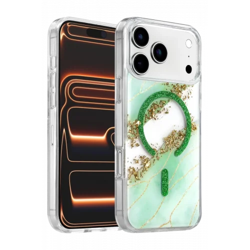 Mey İthalat®   iPhone 17 Pro Lotus Simli Magsafe Kapak - Yeşil