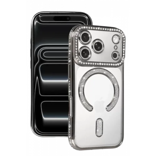 Mey İthalat®   iPhone 17 Pro Max Joke Simli Magneticsafe Kılıf - Gümüş