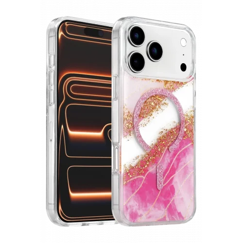 Mey İthalat®   iPhone 17 Pro Max Lotus Simli Magsafe Kapak - Pembe