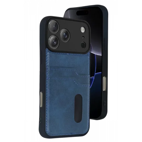 Mey İthalat®   iPhone 17 Pro Max Sara Kartvizitli Deri Kılıf - Lacivert
