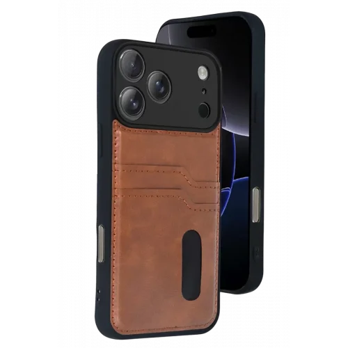 Mey İthalat® iPhone 17 Pro Max Sara Kartvizitli Deri Kılıf - Taba