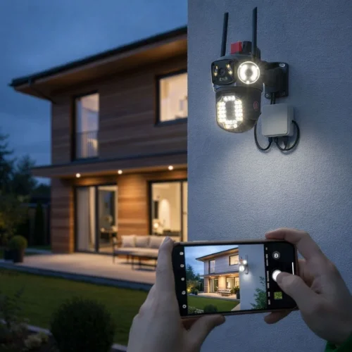 Mey İthalat®  Kablolu Akıllı Güvenlik Kamerası – 4 Kameralı Çok Lensli, 360° PTZ Hareketli, Çift Antenli, Gece Görüşlü, Dış Mekan IP Kamera