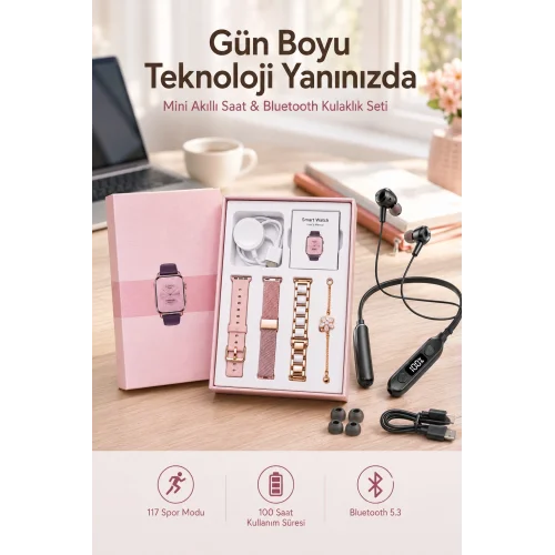 Mey İthalat® Kablolu Bluetooth Kulaklık ve Kadınlara Özel Bileklik Hediyeli Yeni Nesil Akıllı Saat 3 Kordonlu