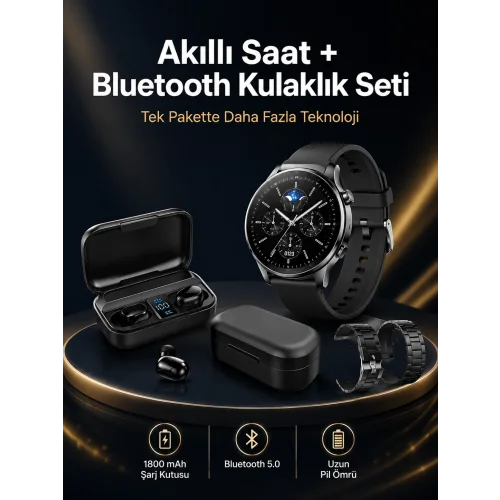 Mey İthalat® Kablosuz Bluetooth Kulaklık ve Kordon Hediyeli Akıllı Saat Nabız Ölçer Uzun Pil Ömrü