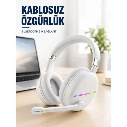 Mey İthalat® Kablosuz Bluetooth Mikrofonlu Beyaz Kulaklık  RGB Işıklı