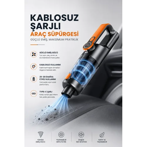 Mey İthalat® Kablosuz Şarjlı Araç ve Ev Tipi El Süpürgesi